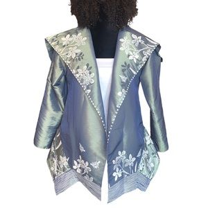 K Riley Custom Metallic Green-Grey/White Wearable Art Jacket Fits Sz S/M